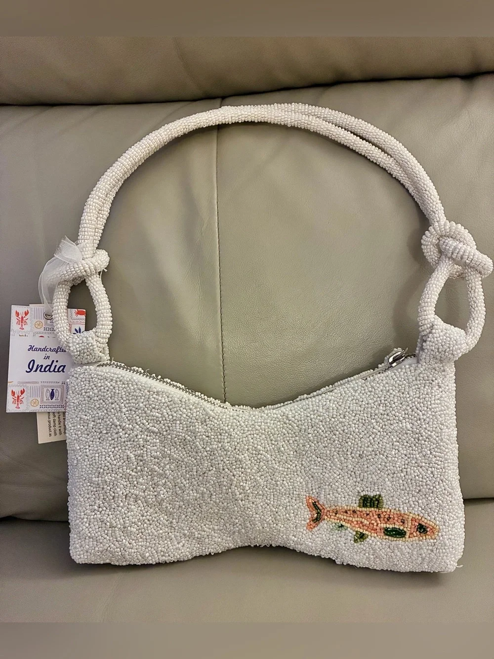 ✨ Handcrafted In India Fish Beaded Bag w/ fisherman knot straps & bag charm NWT